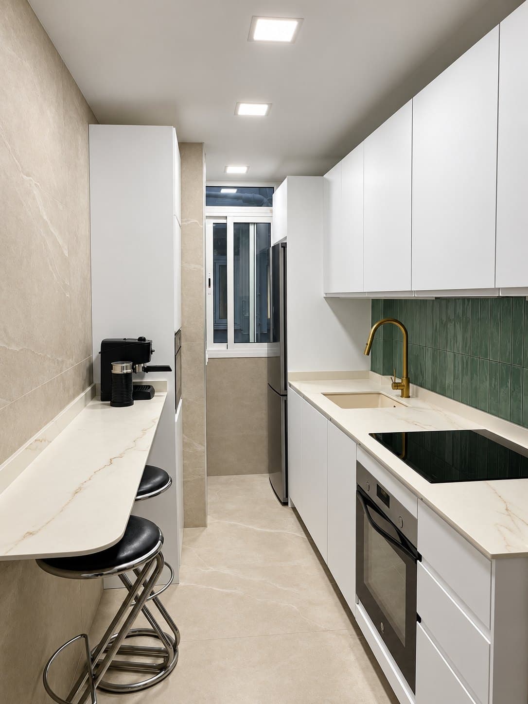 Cocina reformada en Barcelona: muebles blancos, encimera clara, azulejo verde en el frente y barra de desayuno junto a la pared